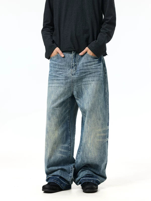 Whiskered Loose Fit Straight Leg Jeans Pants 5