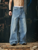 Whiskered Wide Leg Straight Denim Pants 1