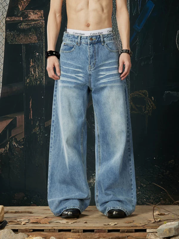 Whiskered Wide Leg Straight Denim Pants 2