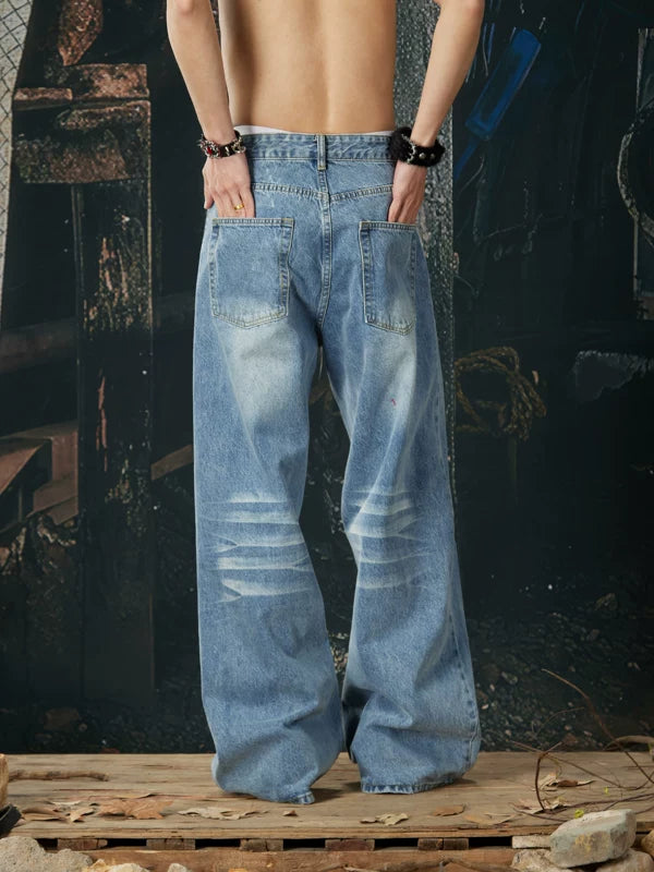 Whiskered Wide Leg Straight Denim Pants 3