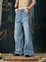 Whiskered Wide Leg Straight Denim Pants 4