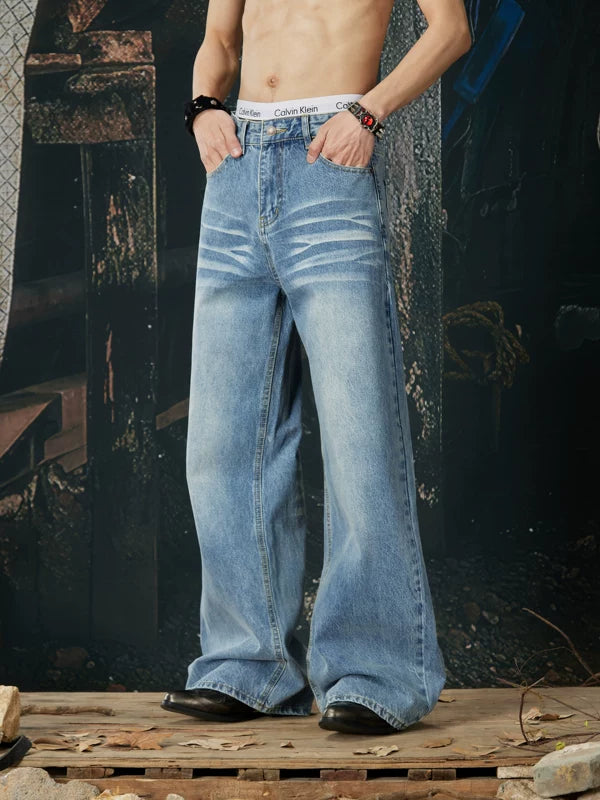 Whiskered Wide Leg Straight Denim Pants 4
