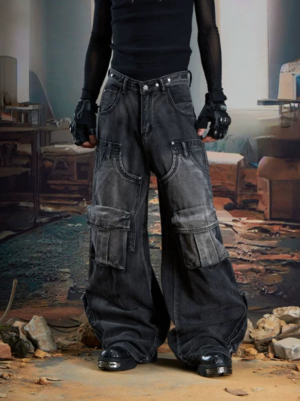 Wide-Leg Cargo Jeans with 3D Pockets 1
