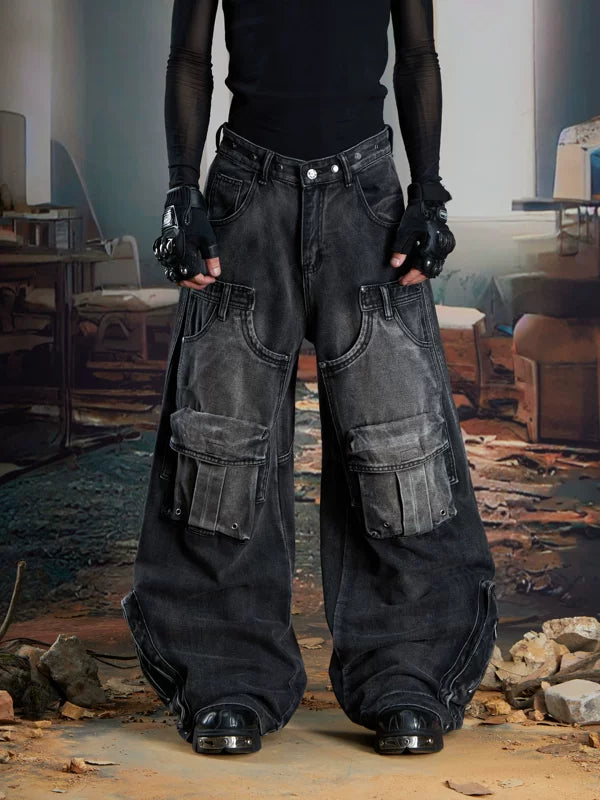 5918255633803,5918255633804,5918255633805,5918255633806, Wide-Leg Cargo Jeans with 3D Pockets