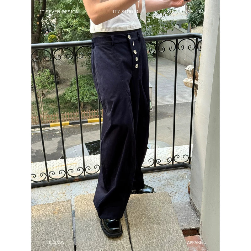 Wide-Leg Casual Pants with Button Front 1
