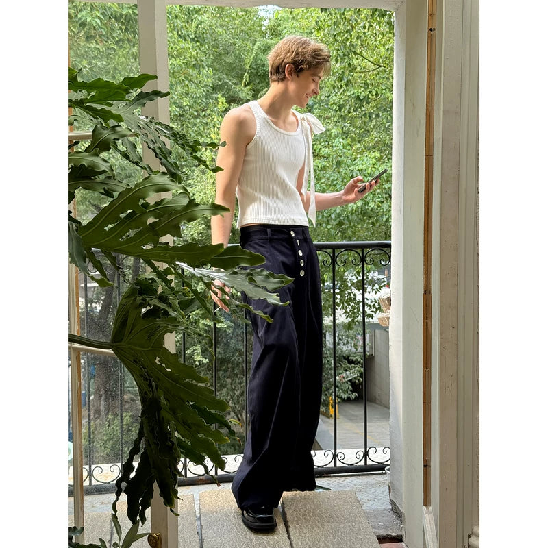 Wide-Leg Casual Pants with Button Front 2