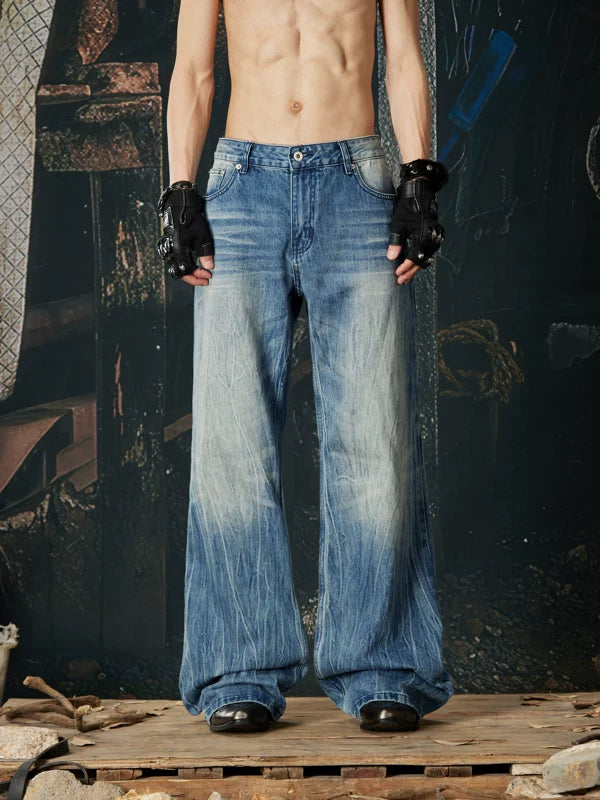 Wide Leg Distressed Vintage Wash Jeans Pants 1