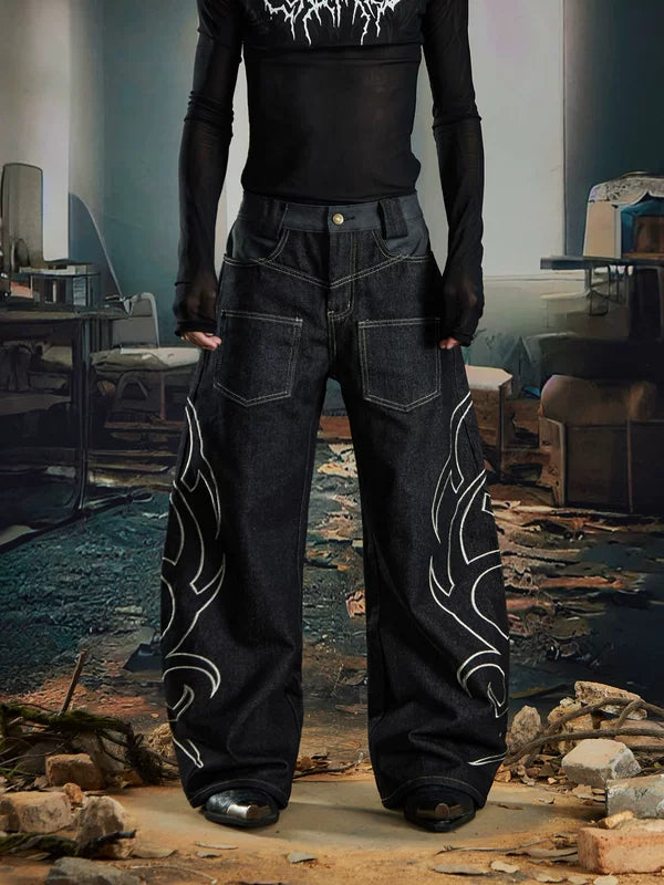 Wide Leg Embroidered Denim Pants 1