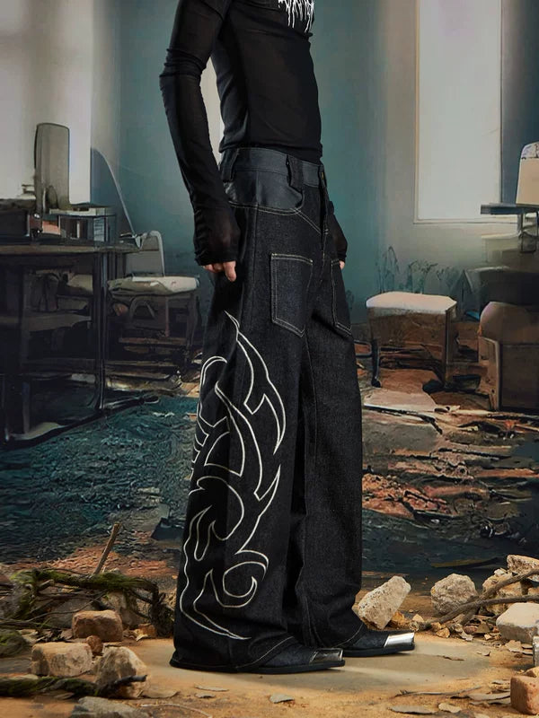 Wide Leg Embroidered Denim Pants 2