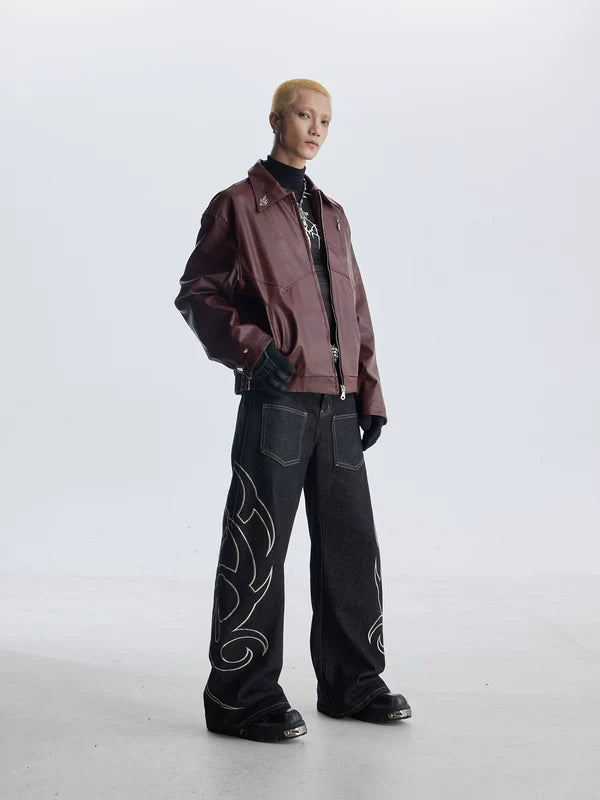 Wide Leg Embroidered Denim Pants 4