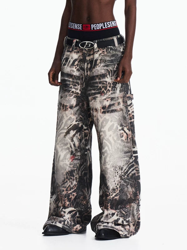 Wide Leg Gradient Zebra Print Jeans Pants 2