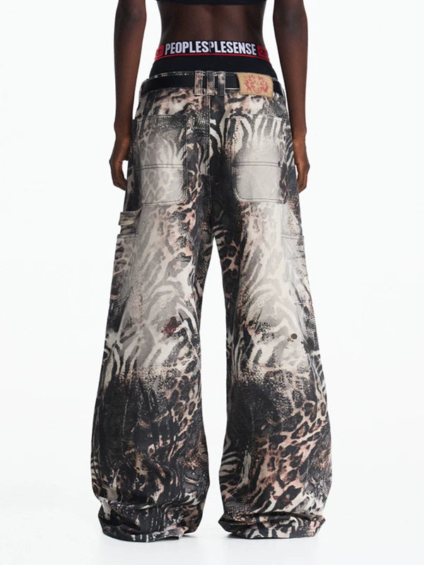 Wide Leg Gradient Zebra Print Jeans Pants 5