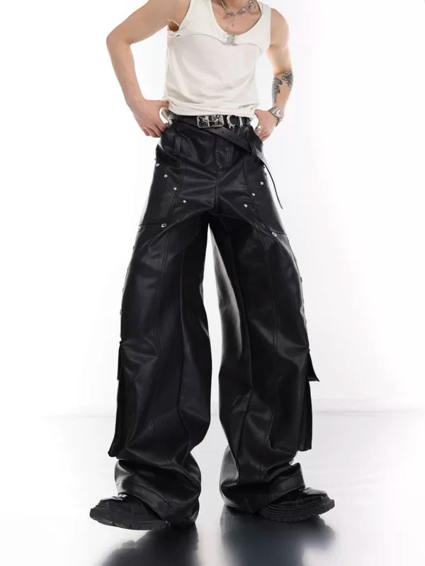 Wide-Leg Patchwork Leather Cargo Pants 1