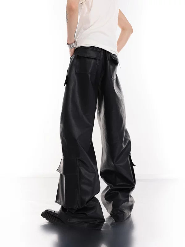 Wide-Leg Patchwork Leather Cargo Pants 3