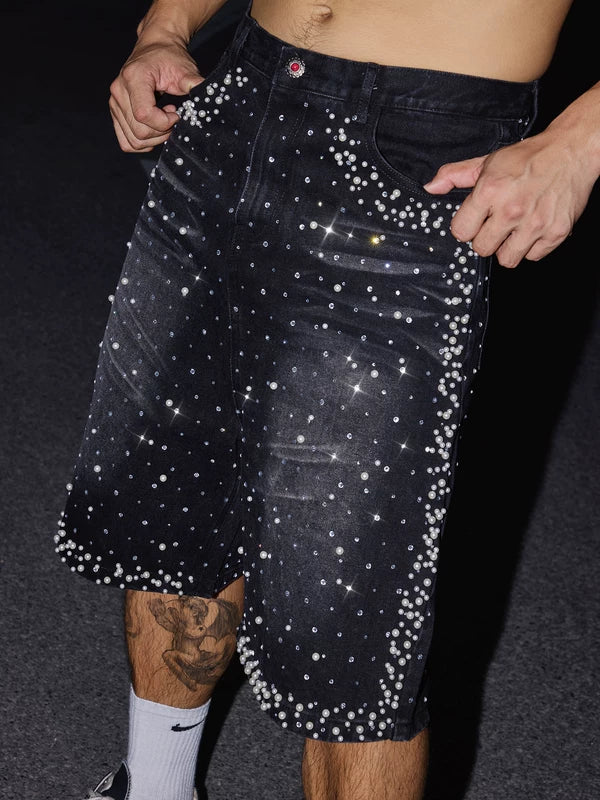 Wide-Leg Pearl Embellished Denim Shorts 3