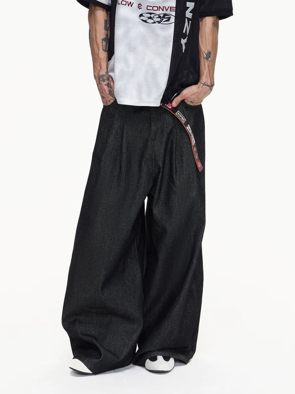 Wide Leg Pleated Denim Baggy Pants 1