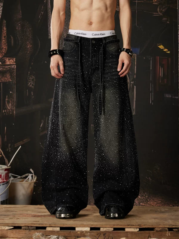 Wide Leg Rhinestone Distressed Denim Pants 1