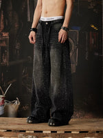 Wide Leg Rhinestone Distressed Denim Pants 4