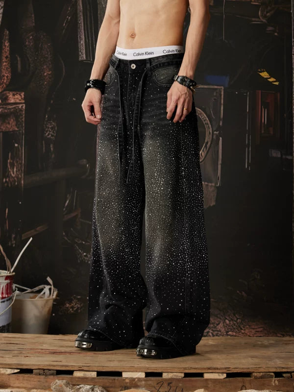 Wide Leg Rhinestone Distressed Denim Pants 4