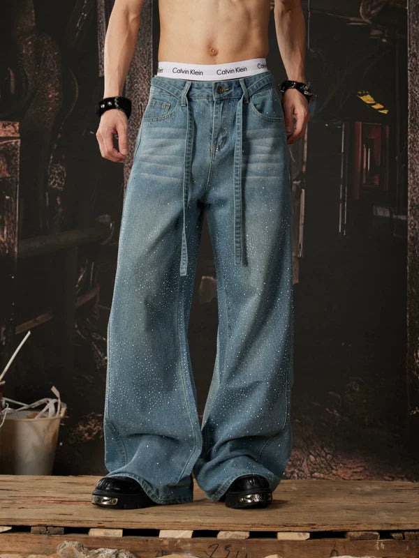 Wide Leg Rhinestone Distressed Denim Pants 5