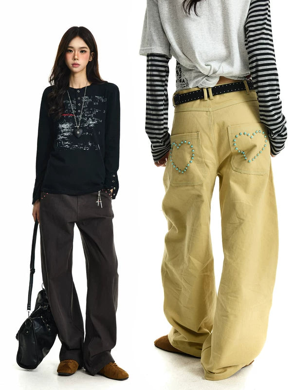 Wide-Leg Twill Cargo Pants with Rivets 1