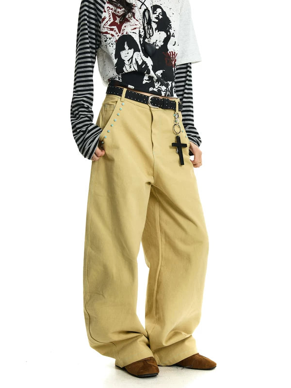 Wide-Leg Twill Cargo Pants with Rivets 2