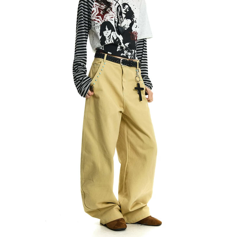 6201053671437,6201053671438,6201053671439,6201053671440, Wide-Leg Twill Cargo Pants with Rivets