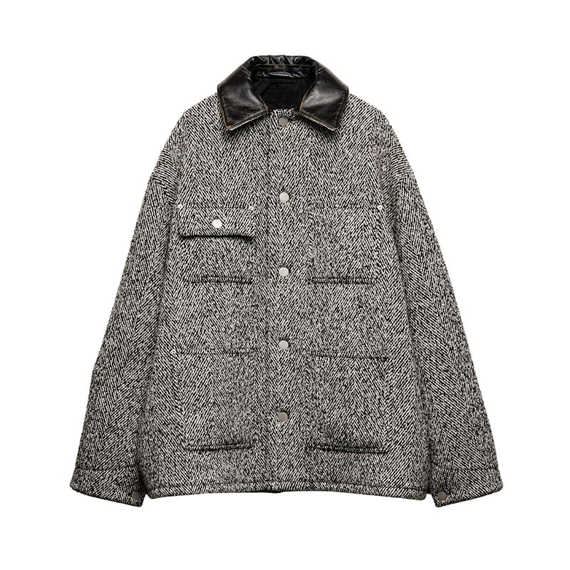 Wool Blend Quilted Shirt Jacket with Leather Collar 1