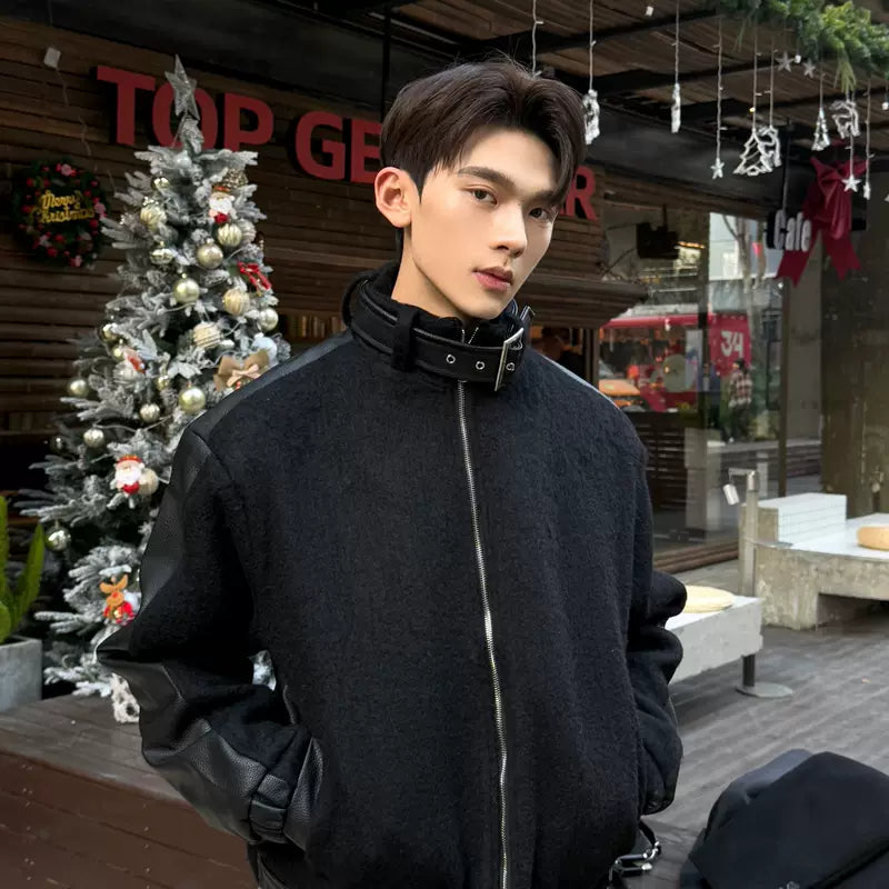 Wool Bomber Jacket with Leather Sleeves 1