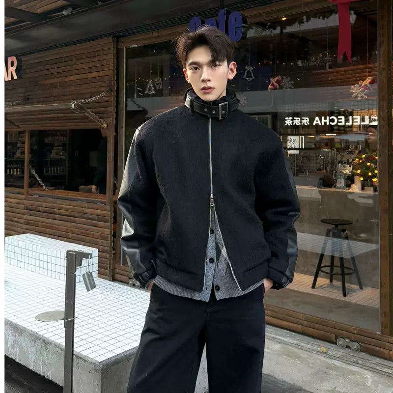 Wool Bomber Jacket with Leather Sleeves 2