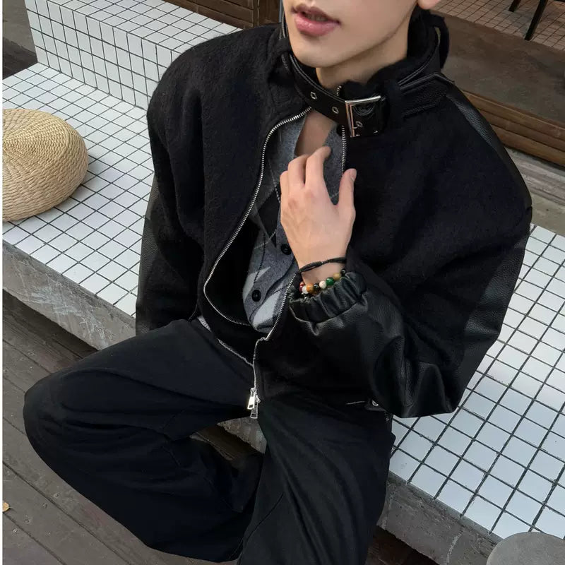 Wool Bomber Jacket with Leather Sleeves 4