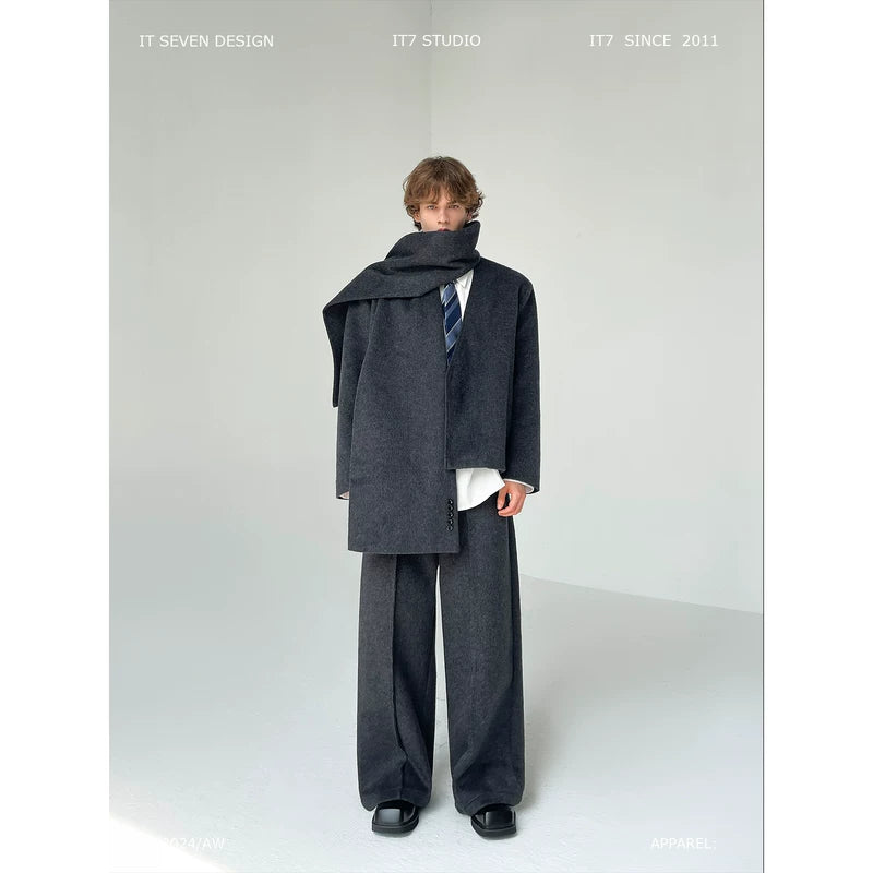 Wool Cardigan Suit Set with Scarf 1