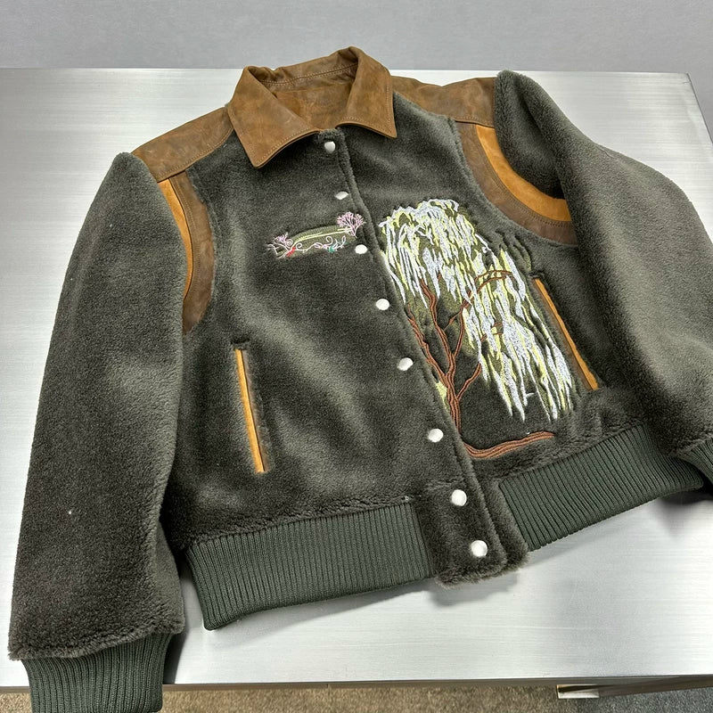 Wool Varsity Jacket with Floral Embroidery 4