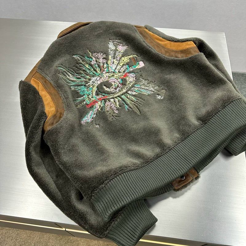 Wool Varsity Jacket with Floral Embroidery 5