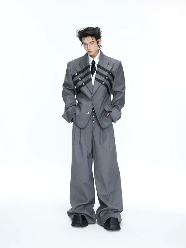 Woven Detail Padded Shoulder Suit Set 1