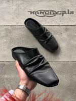 Wrinkled Leather Square Toe Mule Slippers 1
