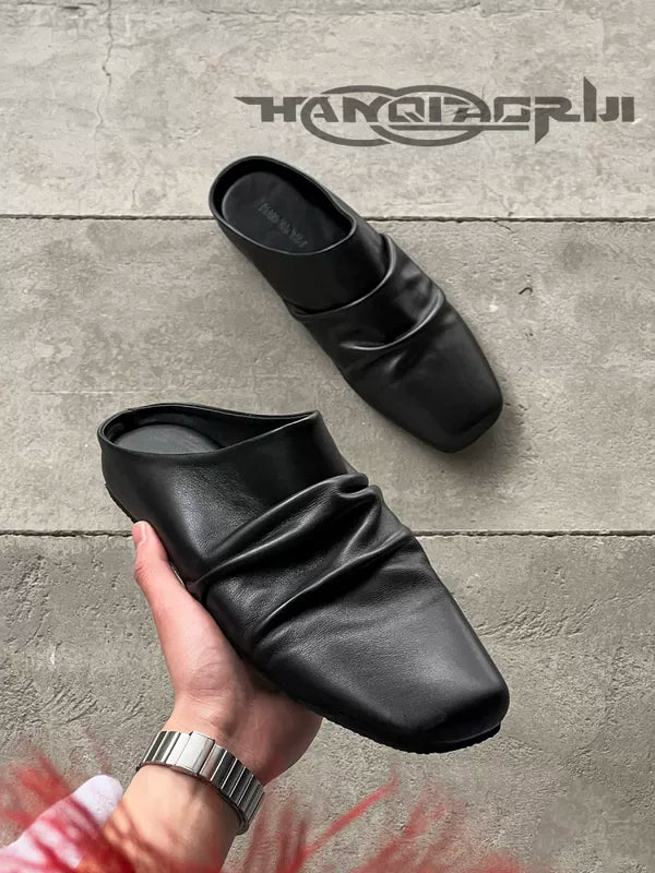 Wrinkled Leather Square Toe Mule Slippers 1