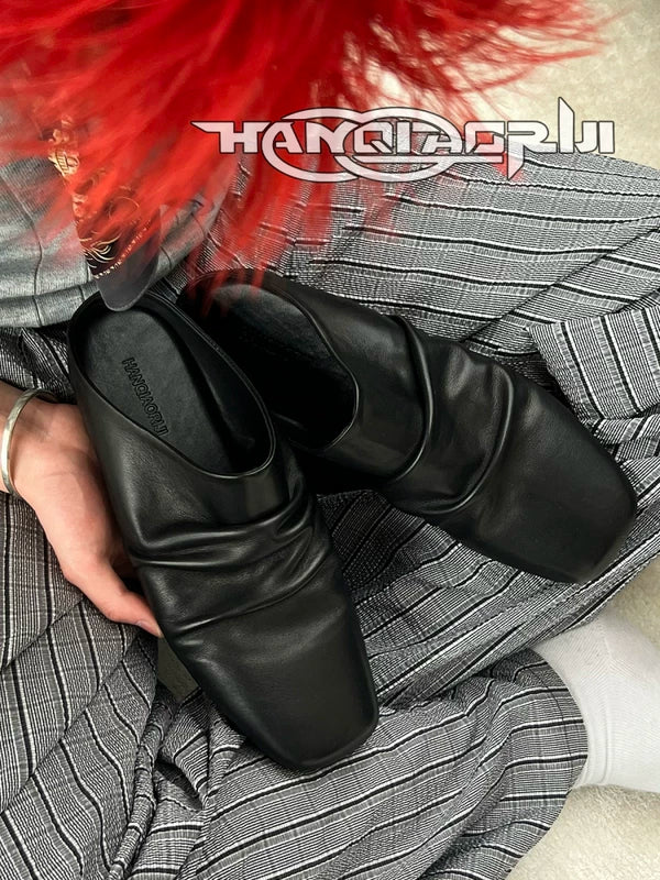 Wrinkled Leather Square Toe Mule Slippers 3