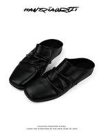 Wrinkled Leather Square Toe Mule Slippers 5