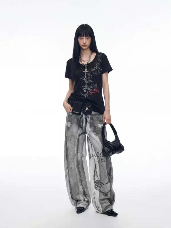 Y2K 3D Printed Wide-Leg Street Pants 5