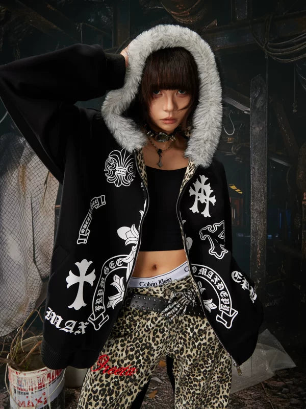 Y2K Graphic Zip-Up Hoodie with Faux Fur 1