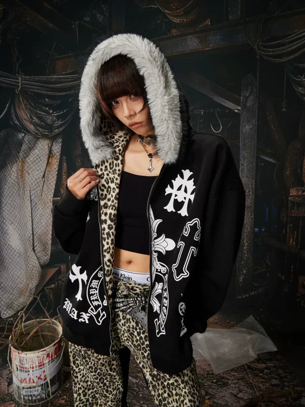 Y2K Graphic Zip-Up Hoodie with Faux Fur 2
