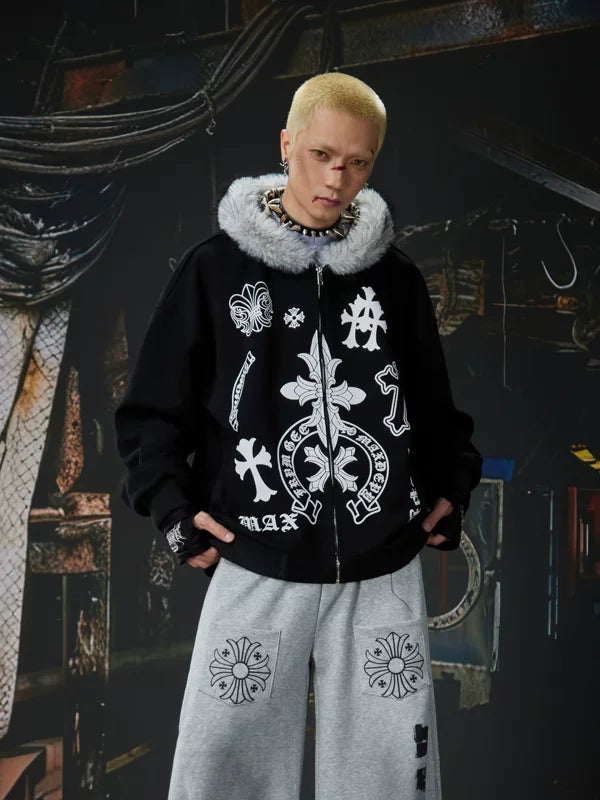 Y2K Graphic Zip-Up Hoodie with Faux Fur 3