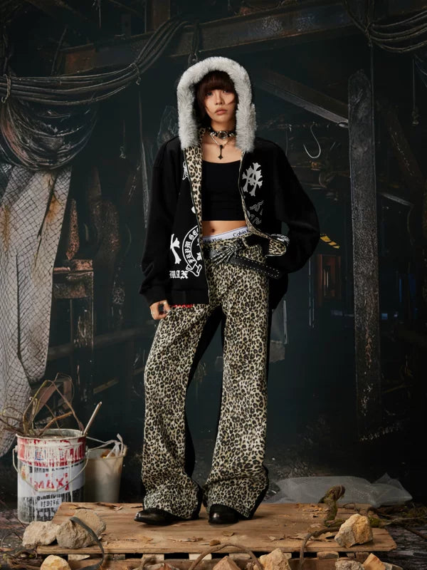 Y2K Graphic Zip-Up Hoodie with Faux Fur 4