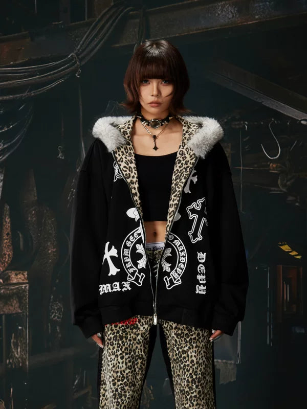 6043773548358,6043773548359,6043773548360, Y2K Graphic Zip-Up Hoodie with Faux Fur