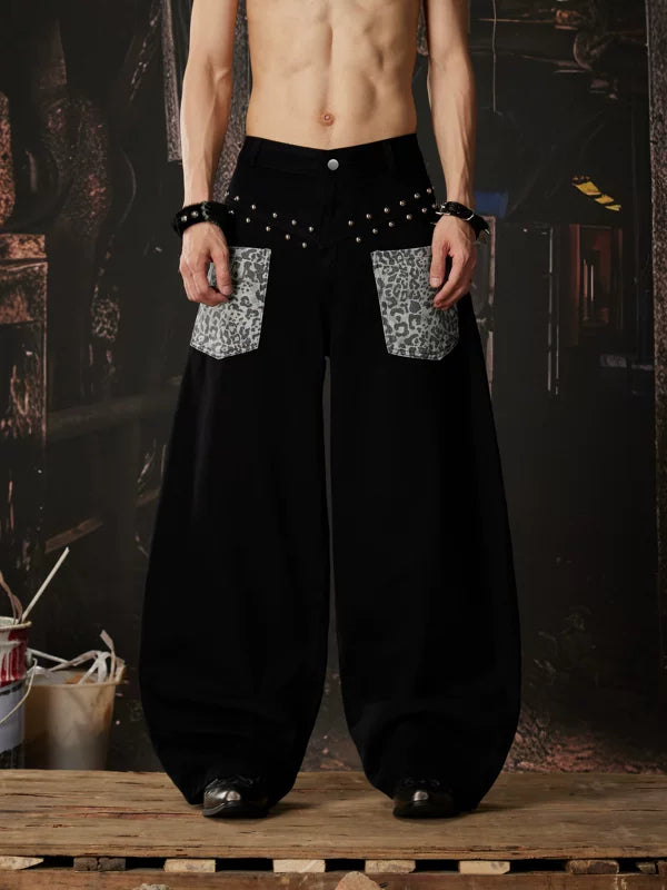 Y2K Leopard Patch Rivet Wide-Leg Pants 1