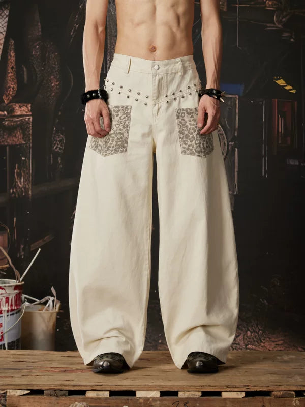 Y2K Leopard Patch Rivet Wide-Leg Pants 2