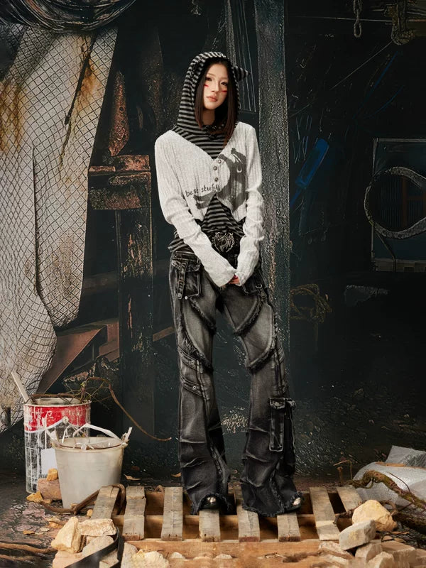 Y2K Punk Faux Layered Striped Hooded Top 4