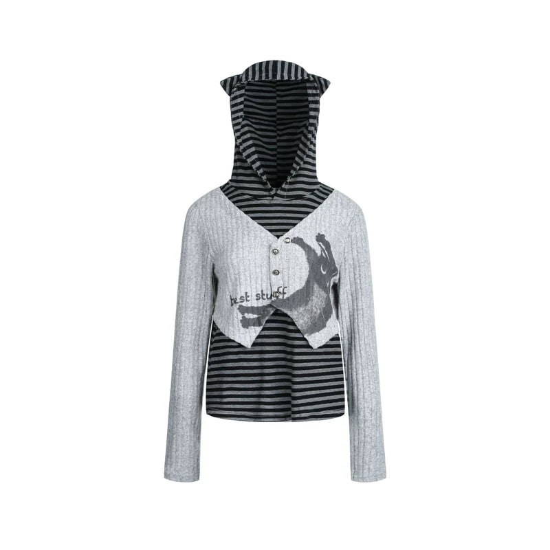 6184735230559,6184735230560,6184735230561,6184735230562, Y2K Punk Faux Layered Striped Hooded Top
