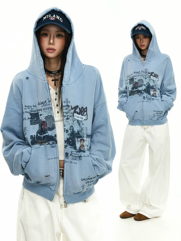 Y2K Punk Graffiti Zip Hooded Sweatshirt 1